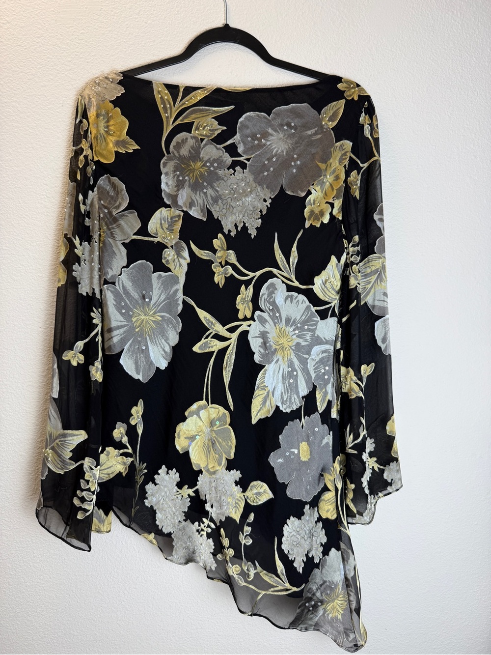 Adrianna Papell Boutique Silk Floral Beaded Asymmetrical Top Bell Sleeve L - Picture 9 of 9